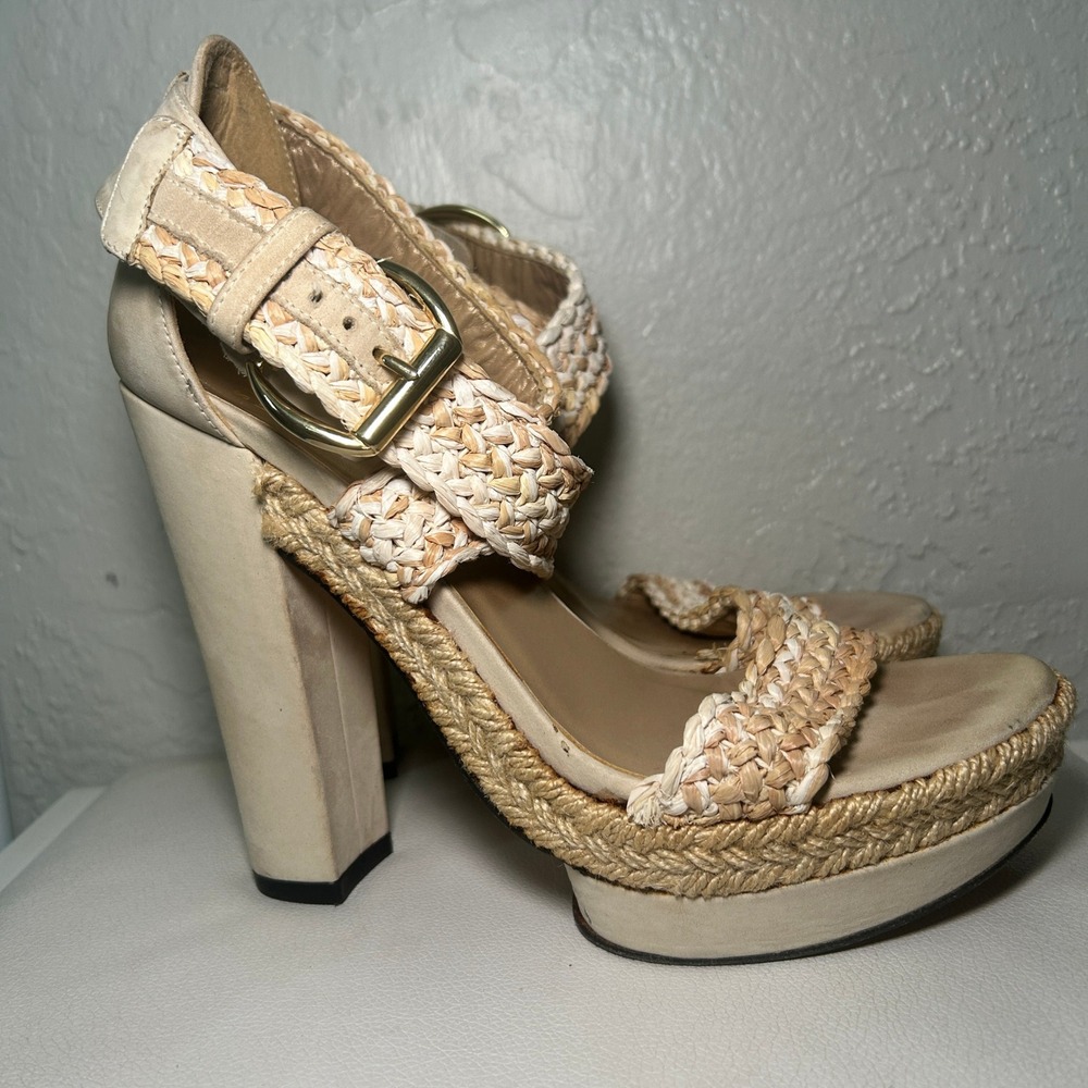 Stuart Weitzman Platform Sandals Espadrille Raffia 5"‎ Heels Beige Size 8